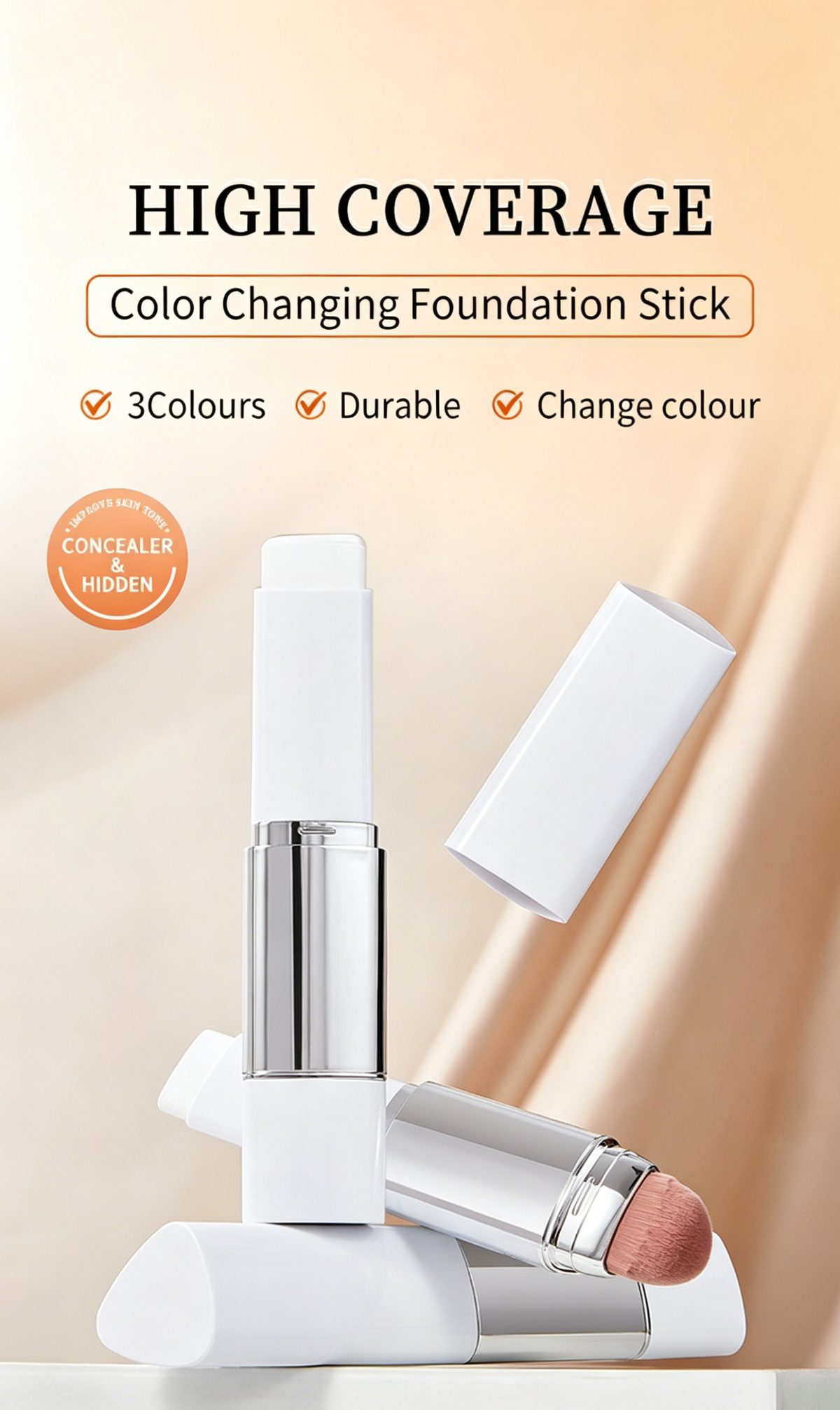 🎁Last Day BUY 1 GET 1 FREE🎁Cover Cream Stick V w/ Detachable Brush - Korean Skin Care Color-Changing Foundation Stick with Collagen Capsules (0.45 oz)